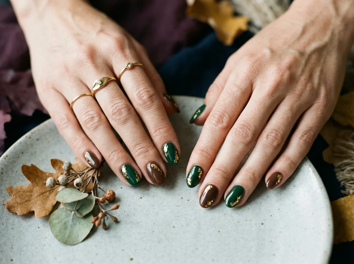 Jesienne zdobienia: butelkowa zieleń, brąz i złota folia